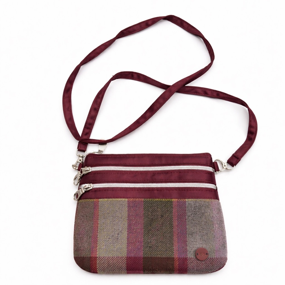 Earth Squared Mini Plaid Crossbody Bag Boho Festival Burgundy Tweed NWT
